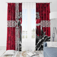 Red curtain panels with Viking ship image, runes, and Celtic knot pattern borders