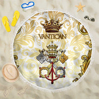 Round beach blanket with ornate Vatican crest graphic, gold crown and keys, fringe edge