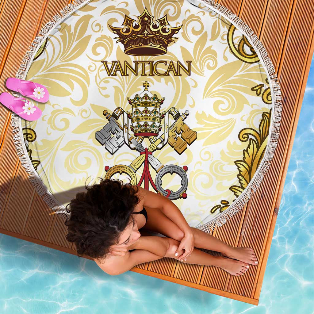 Round beach blanket with Vatican crest, crown and keys on light patterned background, fringe