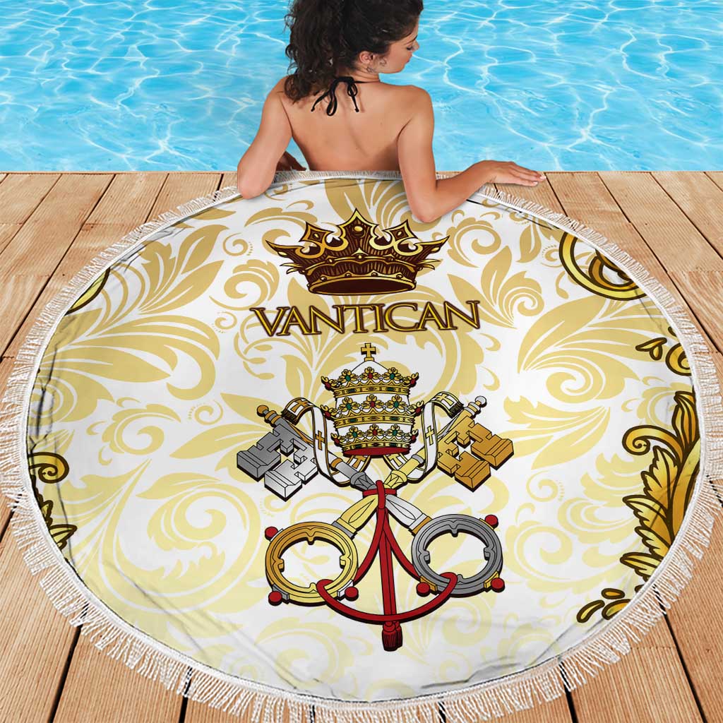 Round beach blanket laid flat featuring Vatican crest, gold crown and keys, white fringe border