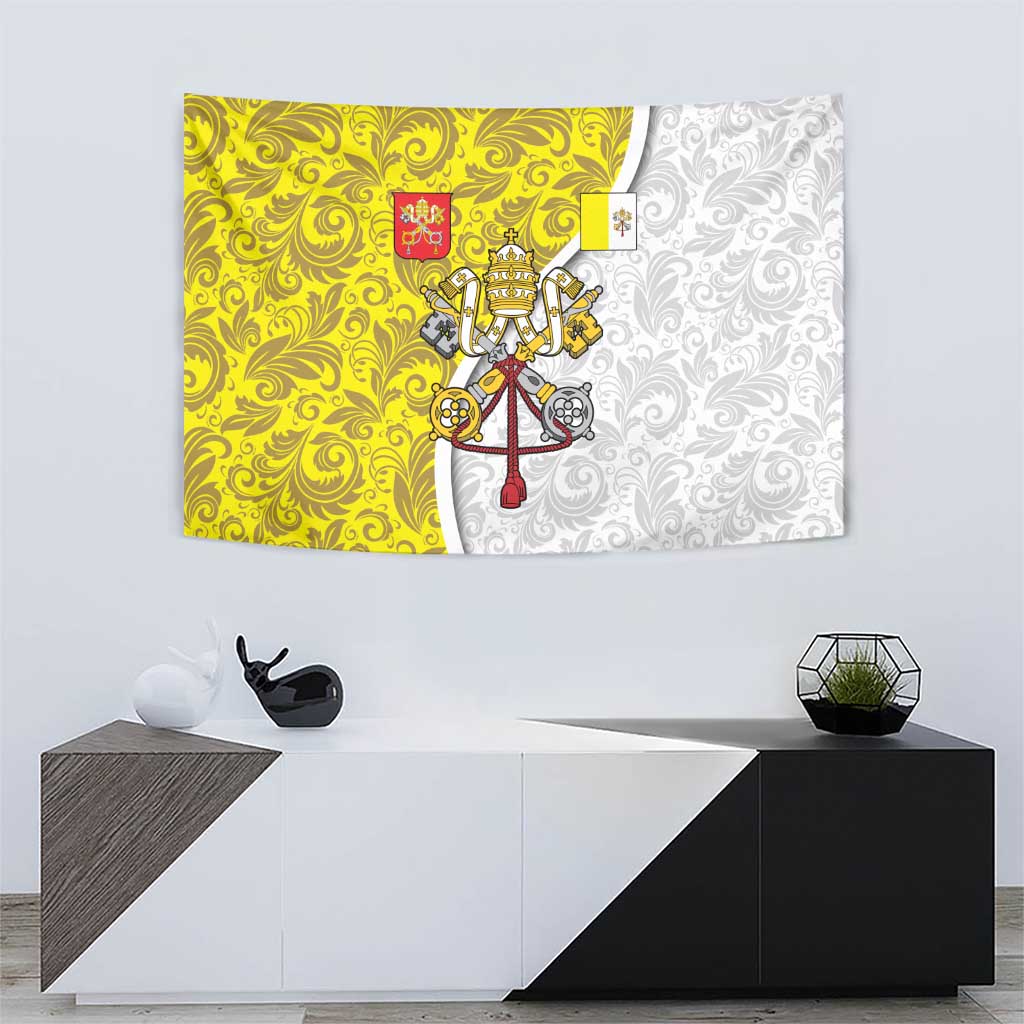 Vatican City Tapestry Papal Keys & Tiara Emblem with Gold Baroque Pattern