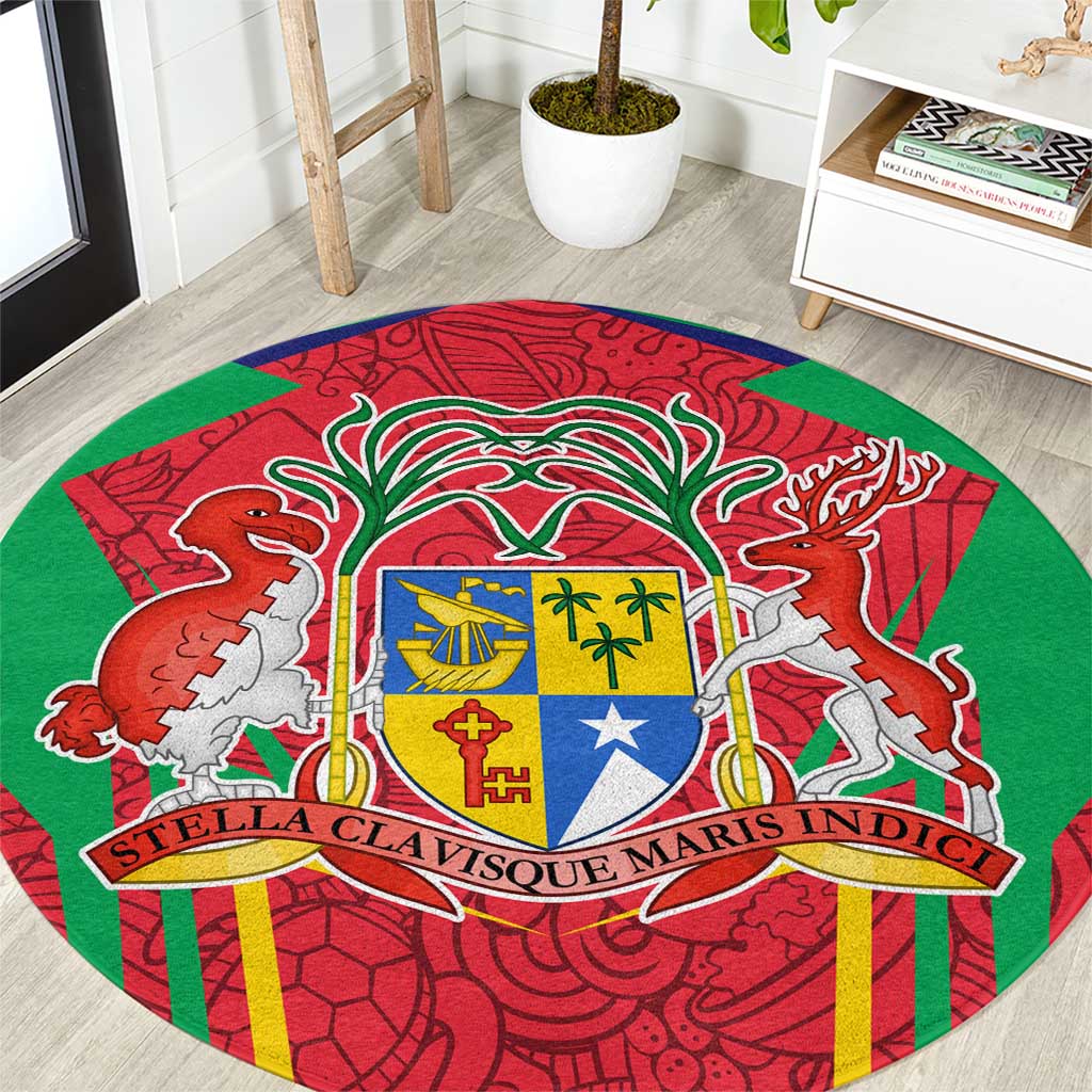 Mauritius Coat of Arms Round Carpet National Emblem Blended with Traditional Patterns