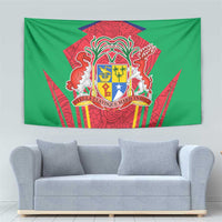 Green tapestry with centered red Mauritius coat of arms shield and ornate details