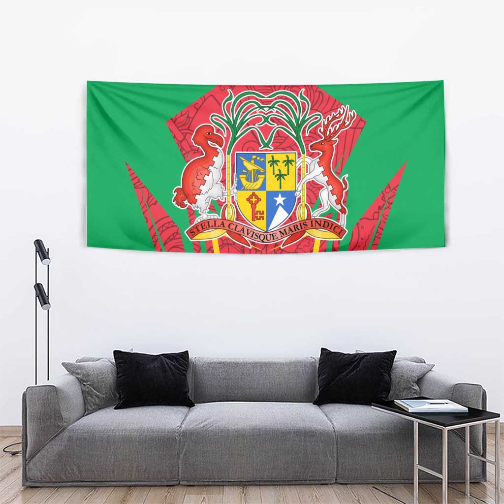 Green tapestry showing the Mauritius coat of arms crest with red and gold elements