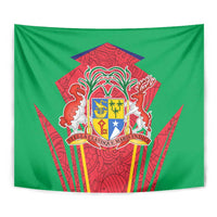Close-up green tapestry with red Mauritius coat of arms crest and gold ornament
