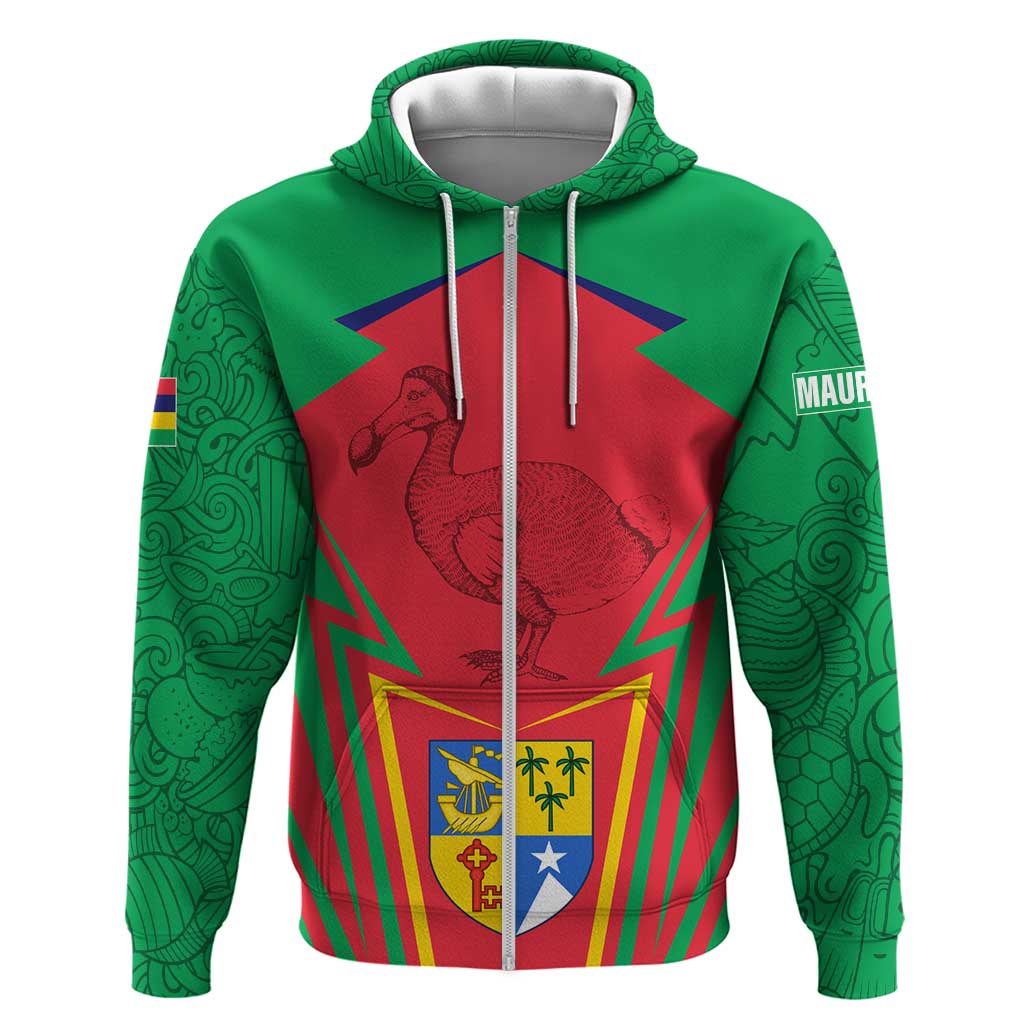 Mauritius Coat of Arms Zip Hoodie National Emblem Blended with Traditional Patterns