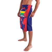 Men's lavalava skirt with side island-map emblem print in red, blue, and yellow