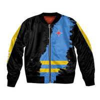 Unisex bomber jacket with full-zip front, blue/black panels, yellow trim, star flag print