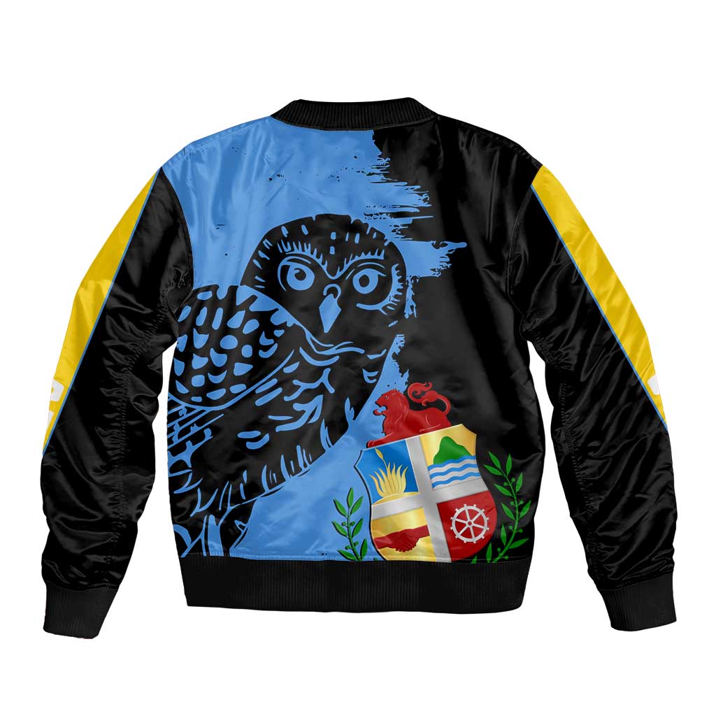 Unisex bomber jacket with full-zip front, blue/black panels, yellow sleeve stripe, mascot flag graphic