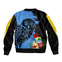 Unisex bomber jacket with full-zip front, blue/black panels, yellow sleeve stripe, mascot flag graphic