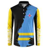 Blue and black button sweatshirt with yellow sleeves and flag graphic on the front