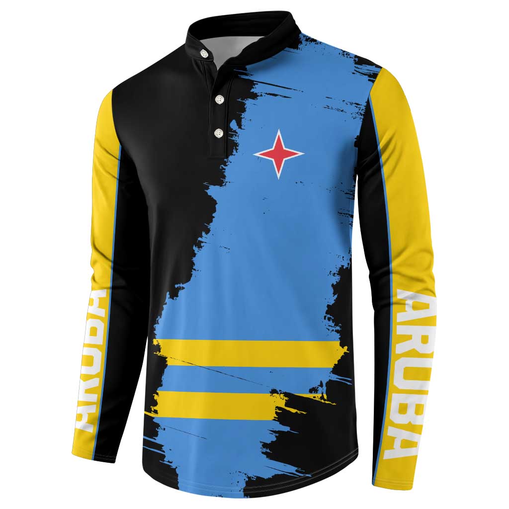 Black and blue button sweatshirt with yellow sleeves, red star and stripe flag graphic