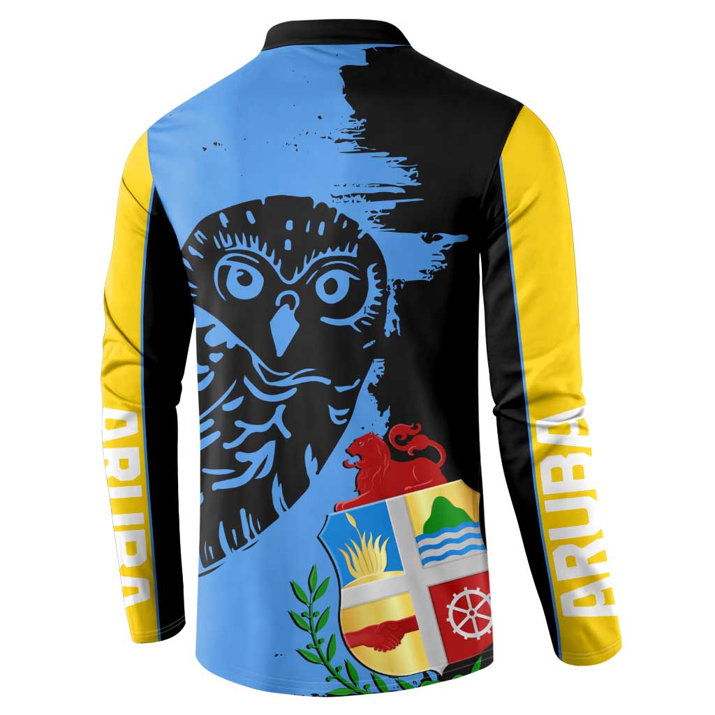 Black and blue button sweatshirt with yellow sleeves, back owl mascot and crest graphic