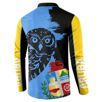 Black and blue button sweatshirt with yellow sleeves, back owl mascot and crest graphic