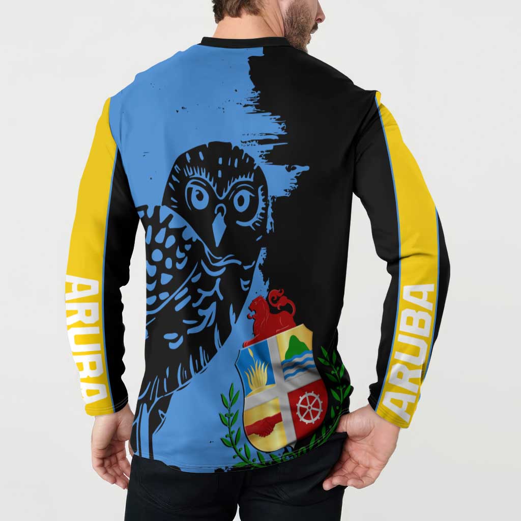 Black and blue button sweatshirt with yellow sleeves, back owl mascot and crest artwork