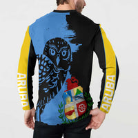Black and blue button sweatshirt with yellow sleeves, back owl mascot and crest artwork