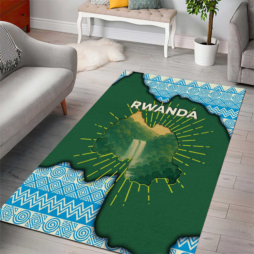 Green Rwanda map area rug with blue geometric border and yellow rays, RWANDA lettering