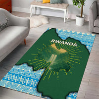 Green Rwanda map area rug with blue geometric border and yellow rays, RWANDA lettering