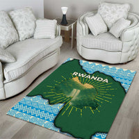 Green Rwanda map area rug with blue geometric border and yellow sunburst rays, RWANDA text