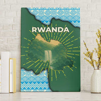 Rwanda green canvas wall art with RWANDA text, blue geometric border, sunburst rays