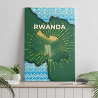 Green Rwanda map canvas wall art with RWANDA lettering, blue patterned border, sun rays