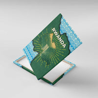 Rwanda canvas wall art folded display, green map and RWANDA text, blue geometric border