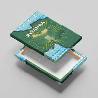 Rwanda green canvas wall art shown in 3D angle, RWANDA text, blue patterned border