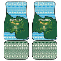 Car floor mats with Rwanda text and map, green and blue tribal-pattern design.