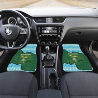 Car floor mats pair with Rwanda map and sunburst, green and blue geometric borders.