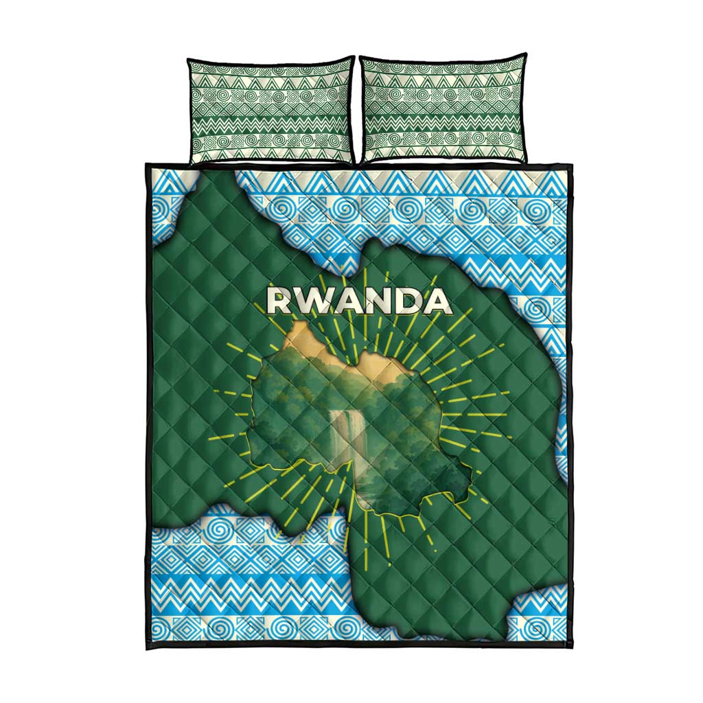 Quilt and pillow set: green Rwanda map center, blue geometric band, two decorative pillows