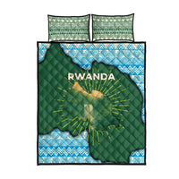 Quilt and pillow set: green Rwanda map center, blue geometric band, two decorative pillows
