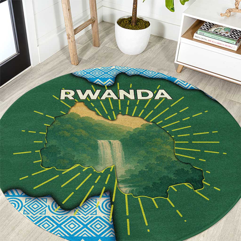Rwanda Round Carpet with Green Nature Map Waterfall Sunburst Spirit