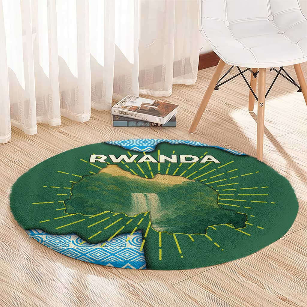 Rwanda Round Carpet with Green Nature Map Waterfall Sunburst Spirit