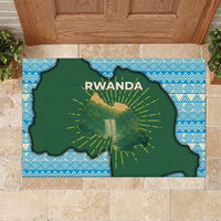 Green Rwanda map rubber doormat with sunburst design and blue geometric border