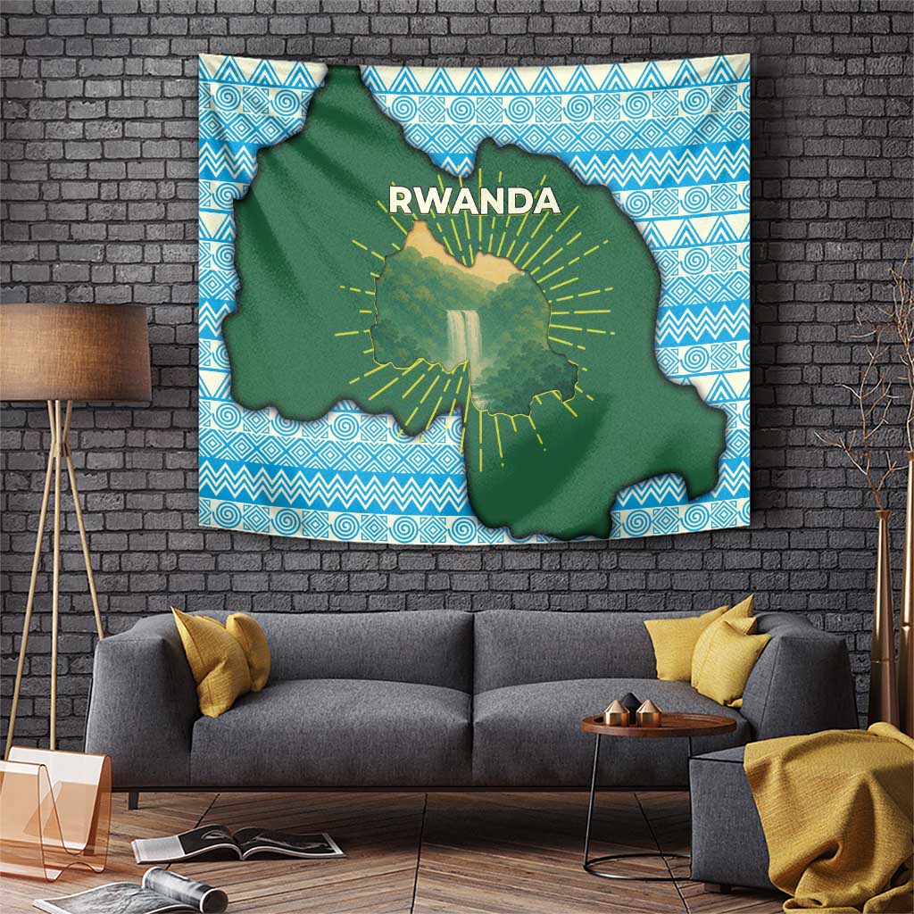 Rwanda Tapestry with Green Nature Map Waterfall Sunburst Spirit