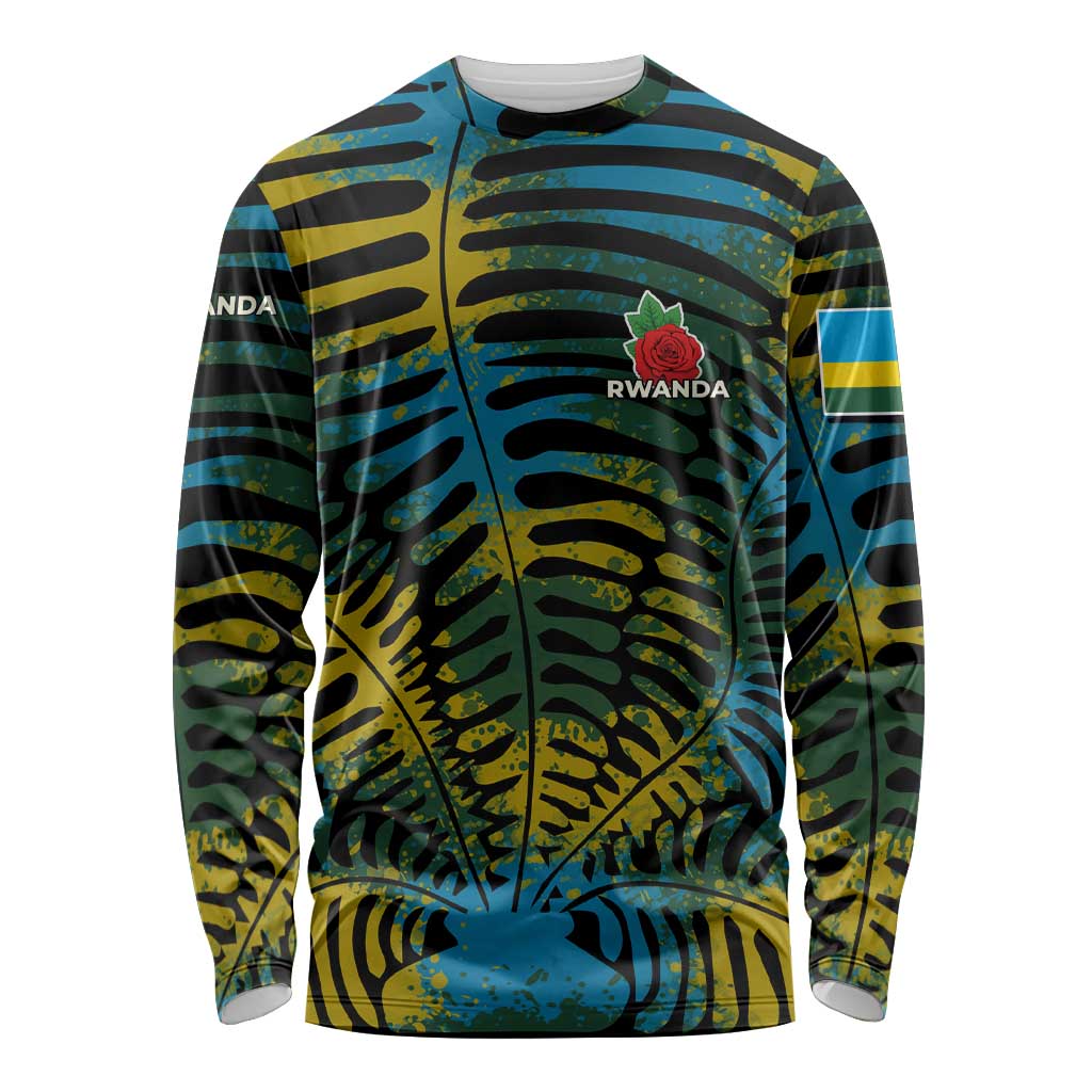 Long sleeve shirt with jungle leaf pattern, Rwanda text, and gorilla family graphic