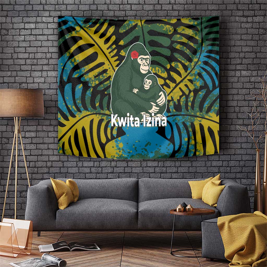Rwanda Tapestry with Gorilla Family Kwita Izina Leaf Jungle Spirit