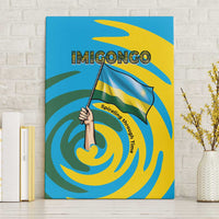 Imigongo canvas wall art showing hand-waving flag over blue yellow green swirl design