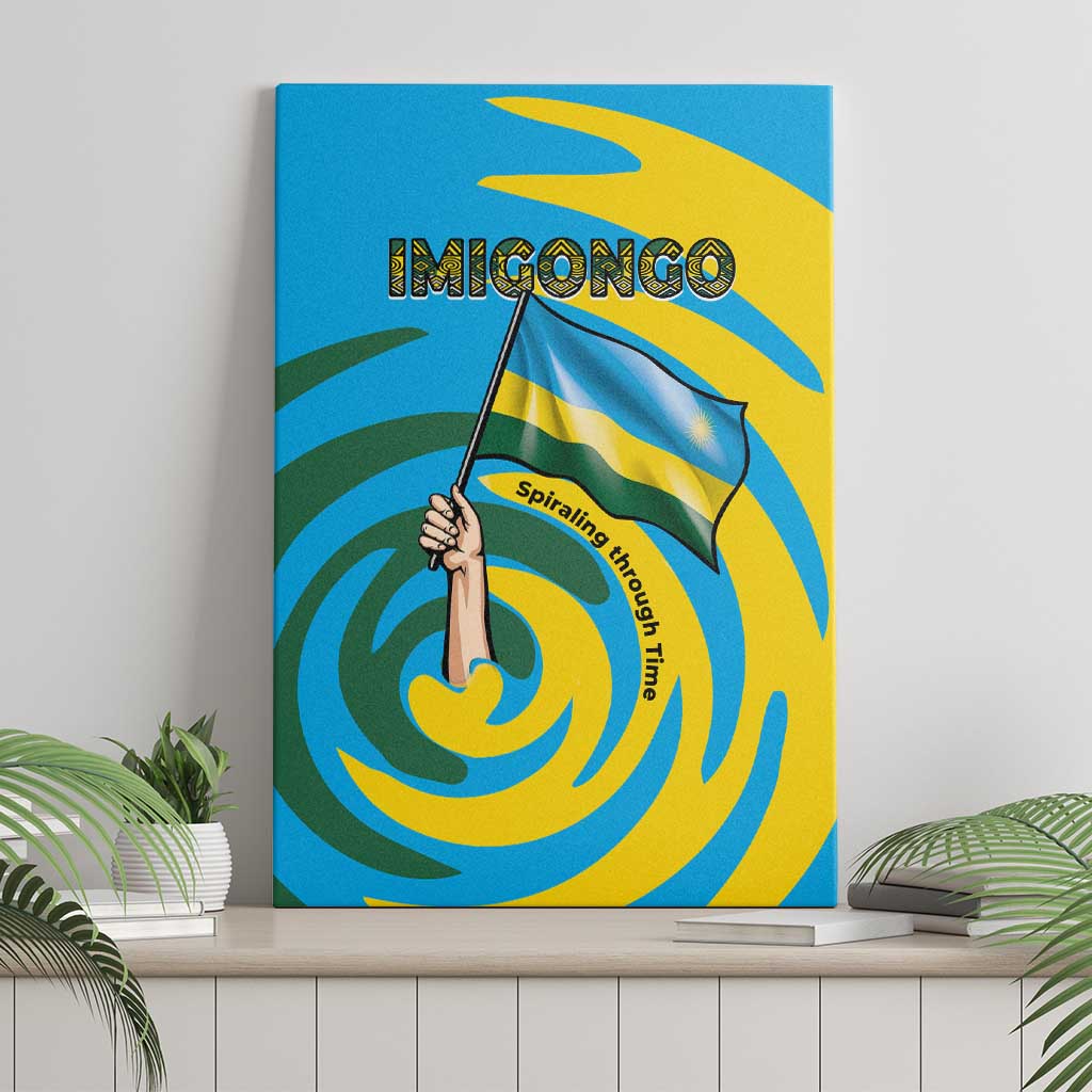 Imigongo canvas wall art with hand holding flag and swirling spiral graphic in blue and yellow