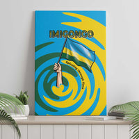 Imigongo canvas wall art with hand holding flag and swirling spiral graphic in blue and yellow