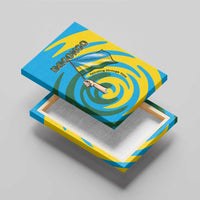 Imigongo canvas wall art seen from the side with hand holding flag and swirl graphics