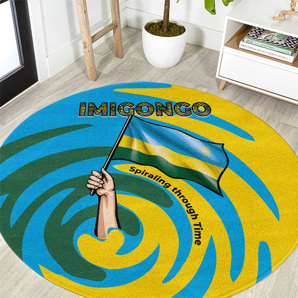 Rwanda Round Carpet with Imigongo Spiraling Flag Hand Wave Time Spirit