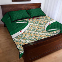 Green quilt bed set with multicolor geometric fabric, Arabic calligraphy and flag-style crescents