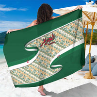Algerian green sarong with Arabic calligraphy and geometric pattern, draped wrap