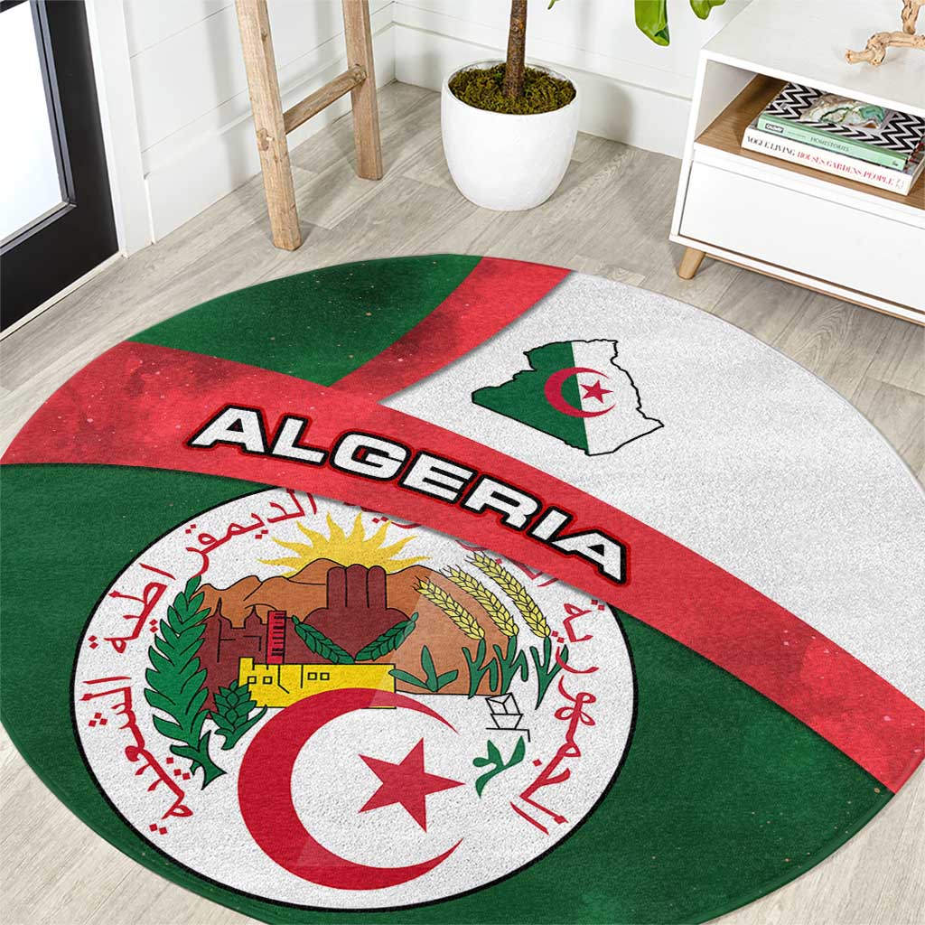 Algeria Round Carpet with National Emblem and Map Design