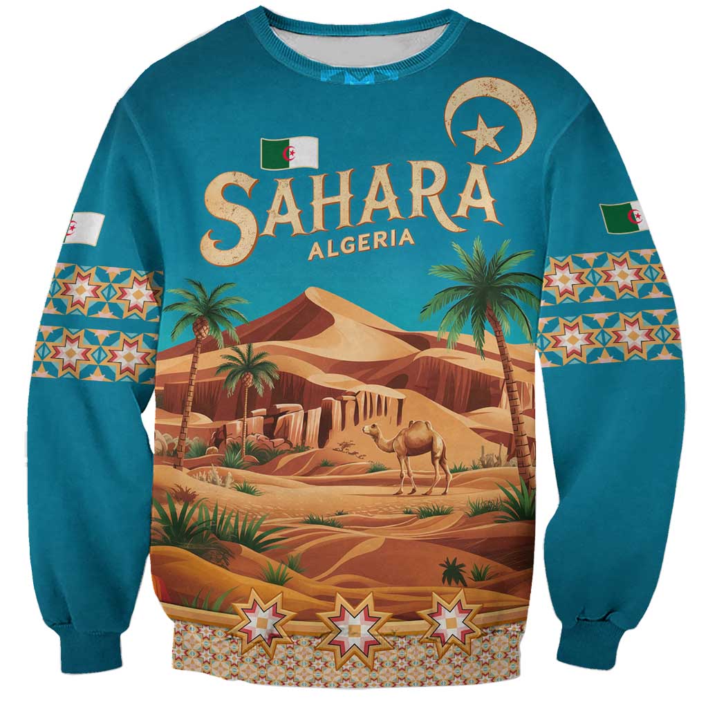 Unisex teal sweatshirt with Sahara desert camel and Islamic motif landscape graphic front