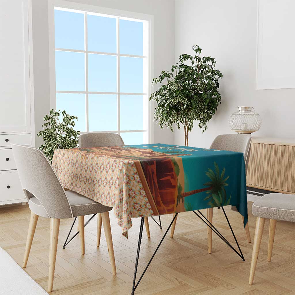 Multicolor tablecloth with geometric stars and desert scene on tabletop edge