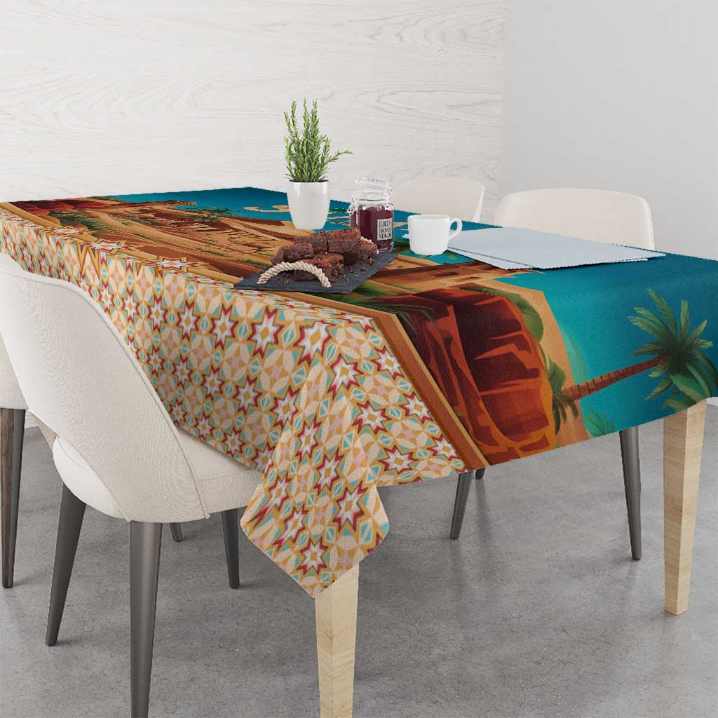 Rectangle tablecloth with teal desert stripe and colorful geometric star border