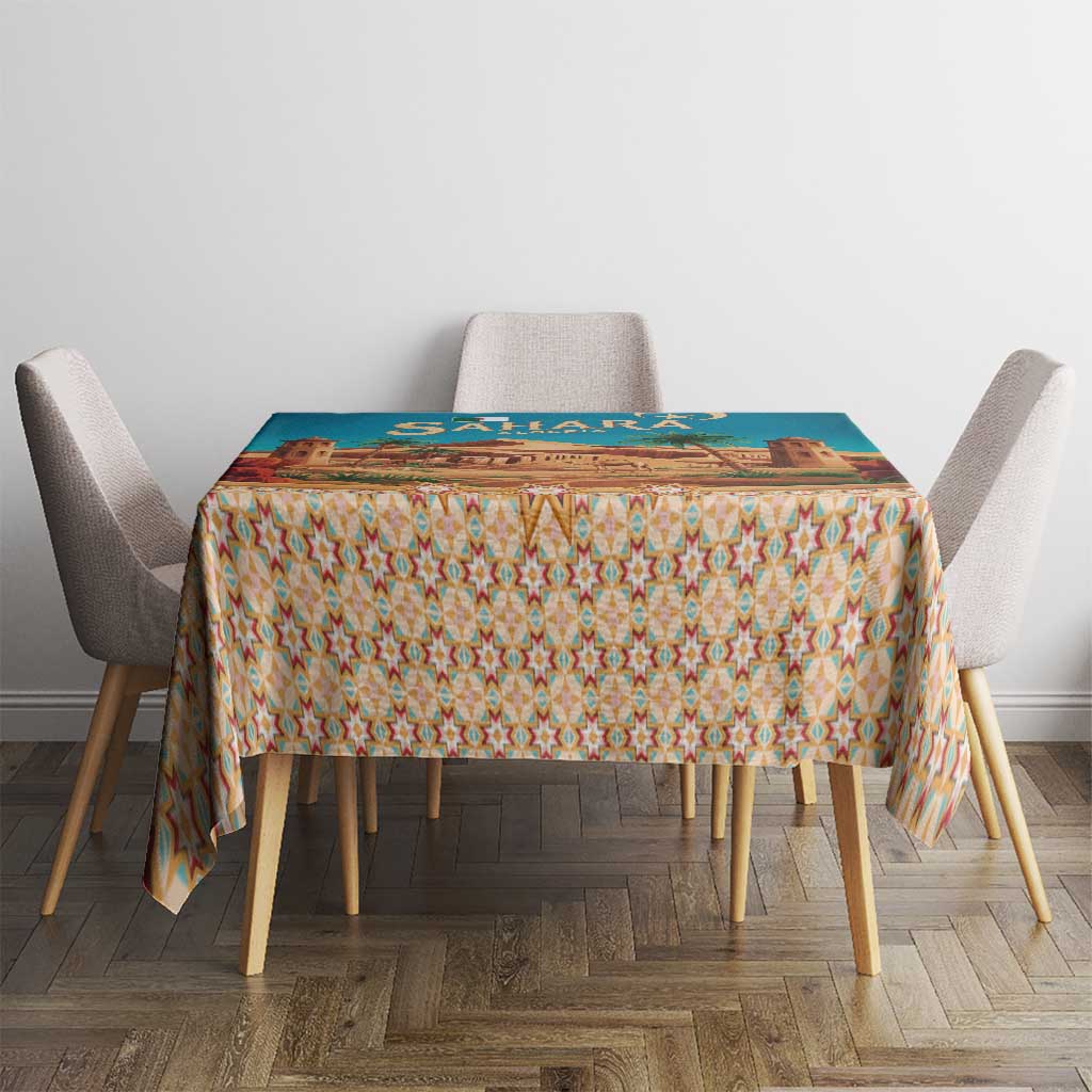 Square tablecloth with teal desert top scene and orange geometric star pattern border