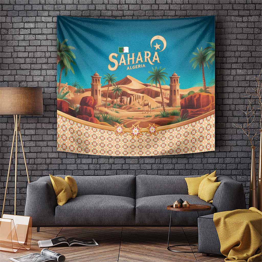 Sahara Algeria Tapestry with Desert Camel Landscape and Islamic Motif Design